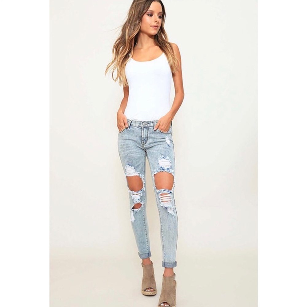 Light Washed Distressed Mid Rise Jeans - Picture 2 of 6